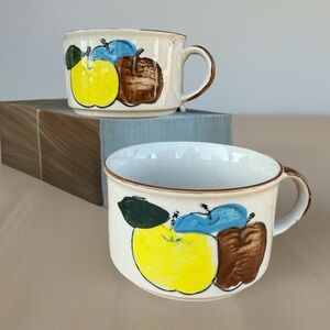Set of 2 Vintage Large Stoneware Soup Bowls with Apple Design